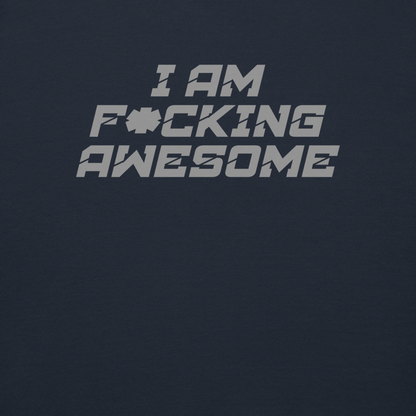 "I Am F*cking Awesome" printed on a navy blazer background