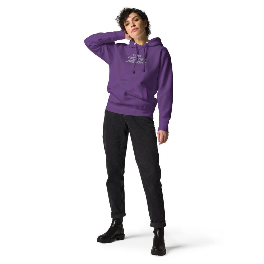 "I Am F*cking Awesome" printed on a purple unisex hoodie worn by a female