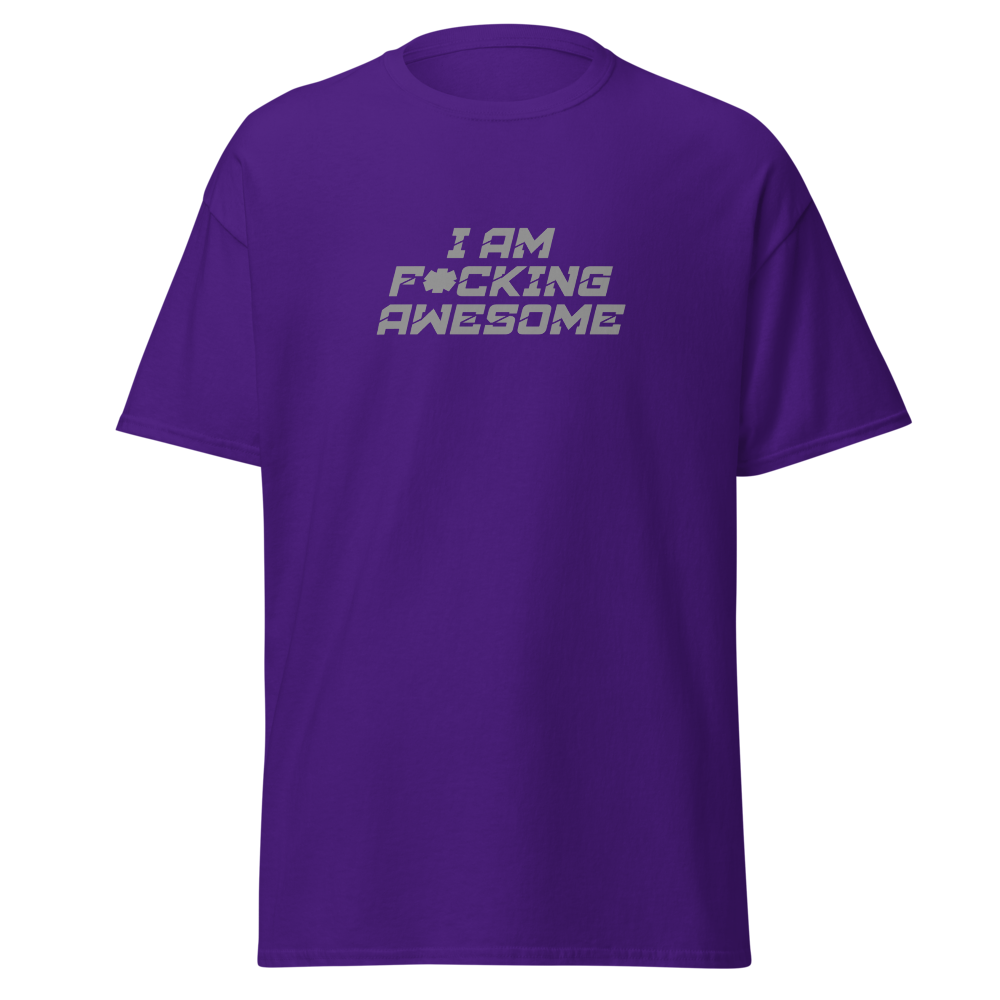 "I Am F*cking Awesome" printed on a purple on an invisible body