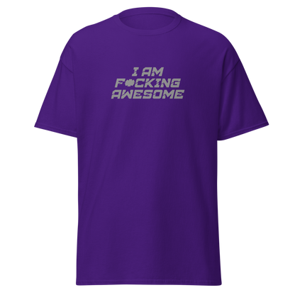"I Am F*cking Awesome" printed on a purple on an invisible body