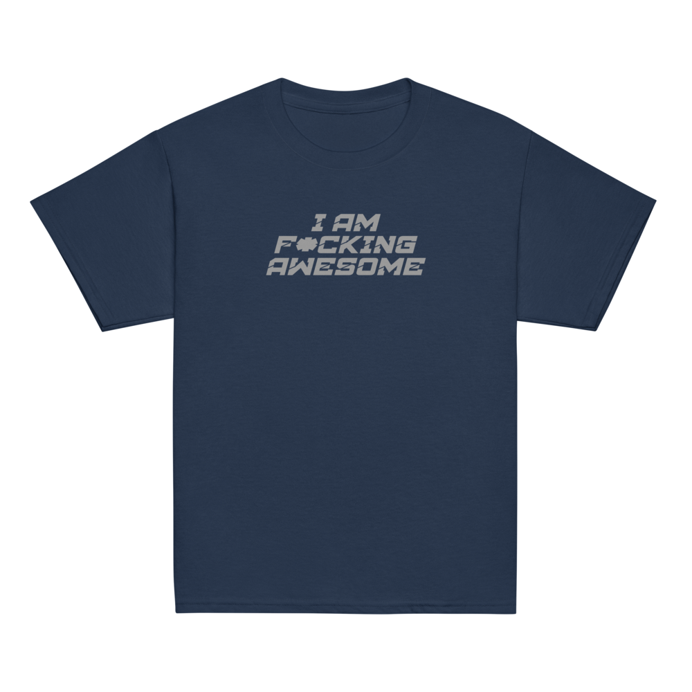 "I Am F*cking Awesome" printed on a navy youth classic tee laying on a flat surface