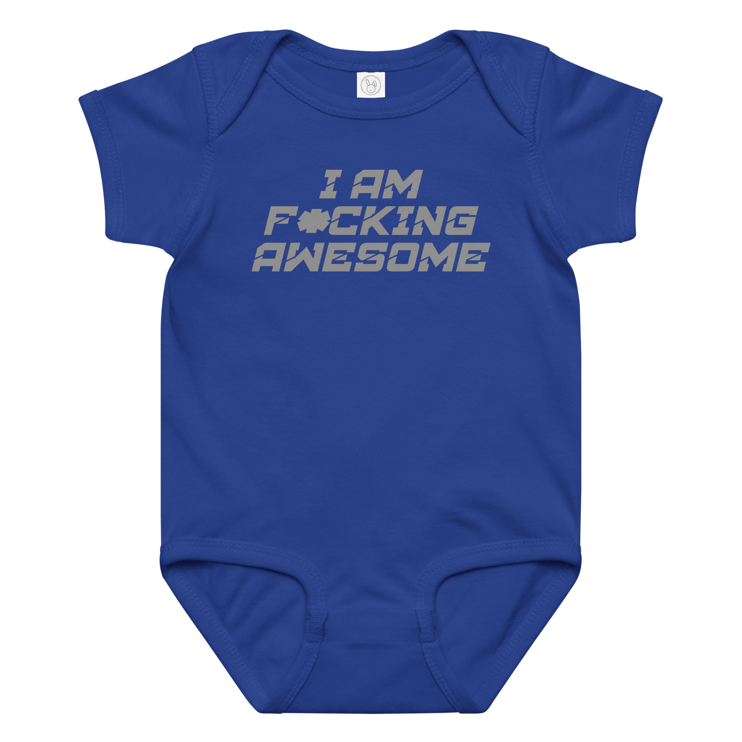"I Am F*cking Awesome" printed on a royal baby jersey bodysuit laying on a flat surface amongst other clothes
