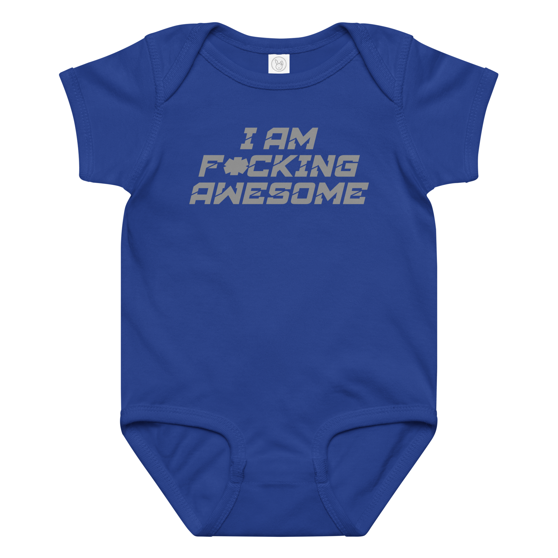 "I Am F*cking Awesome" printed on a royal baby jersey bodysuit laying on a flat surface amongst other clothes