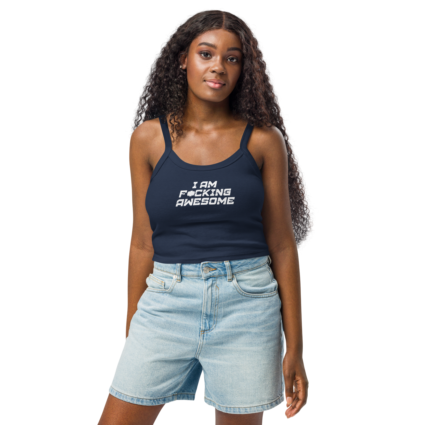 "I Am F*cking Awesome" printed on a solid navy blend women's micro-rib tanktop worn by a female