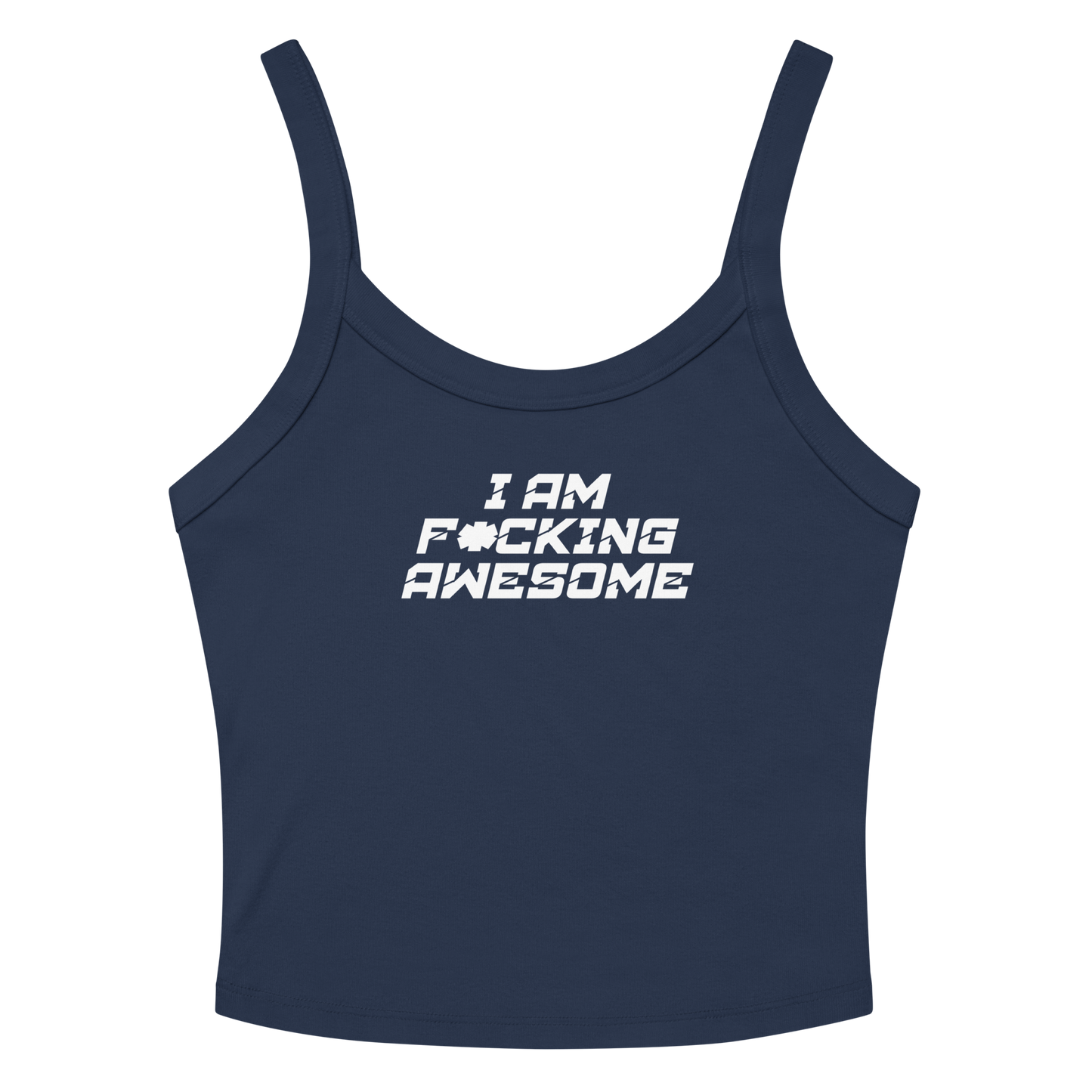 "I Am F*cking Awesome" printed on a solid navy blend women's micro-rib tanktop laying on a flat surface amongst sunglasses and shorts