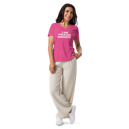 "I Am F*cking Awesome" printed on a berry women's relaxed v-neck t-shirt worn by a female