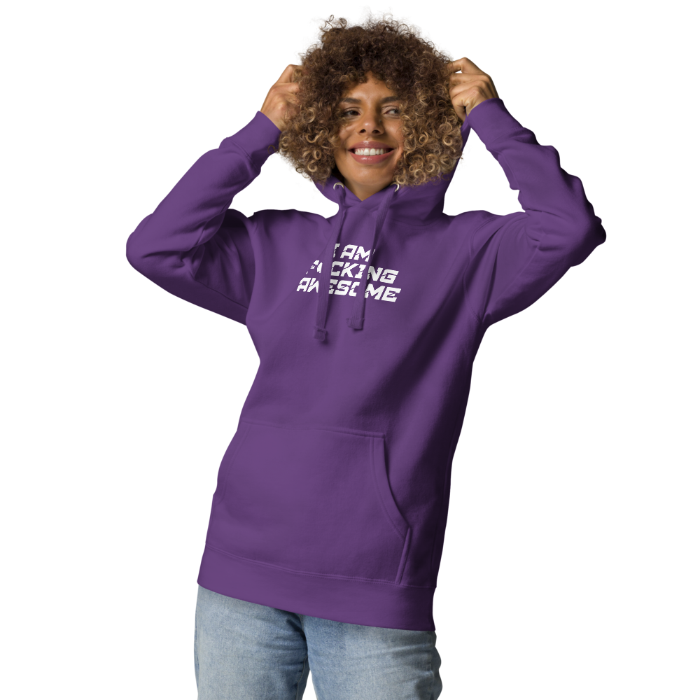 "I Am F*cking Awesome" printed on a purple unisex hoodie worn by a female