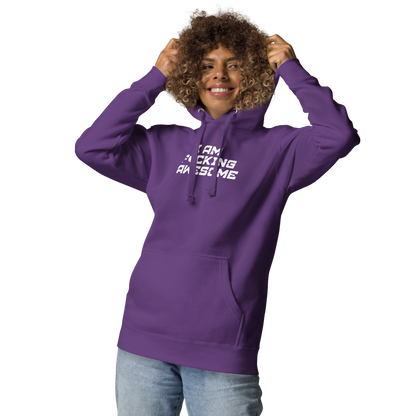 "I Am F*cking Awesome" printed on a purple unisex hoodie worn by a female