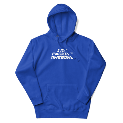 "I Am F*cking Awesome" printed on a team royal unisex hoodie laying on a flat surface with the hood up