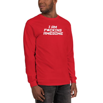 "I Am F*cking Awesome" printed on a red men's long sleeve shirt worn by a male