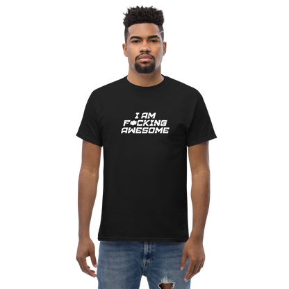 "I Am F*cking Awesome" printed on a black unisex classic tee worn by a male