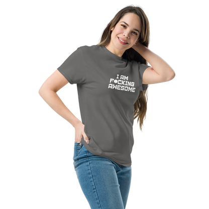 "I Am F*cking Awesome" printed on a charcoal unisex classic tee worn by a female