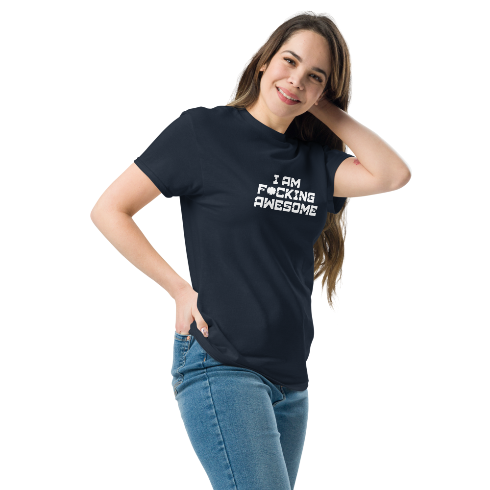 "I Am F*cking Awesome" printed on a navy unisex classic tee worn by a female