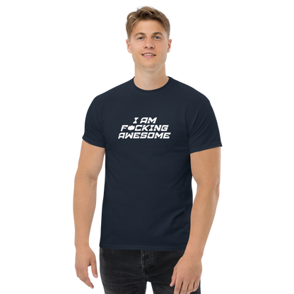 "I Am F*cking Awesome" printed on a navy unisex classic tee worn by a male