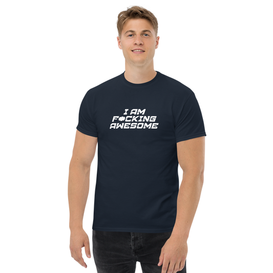 "I Am F*cking Awesome" printed on a navy unisex classic tee worn by a male