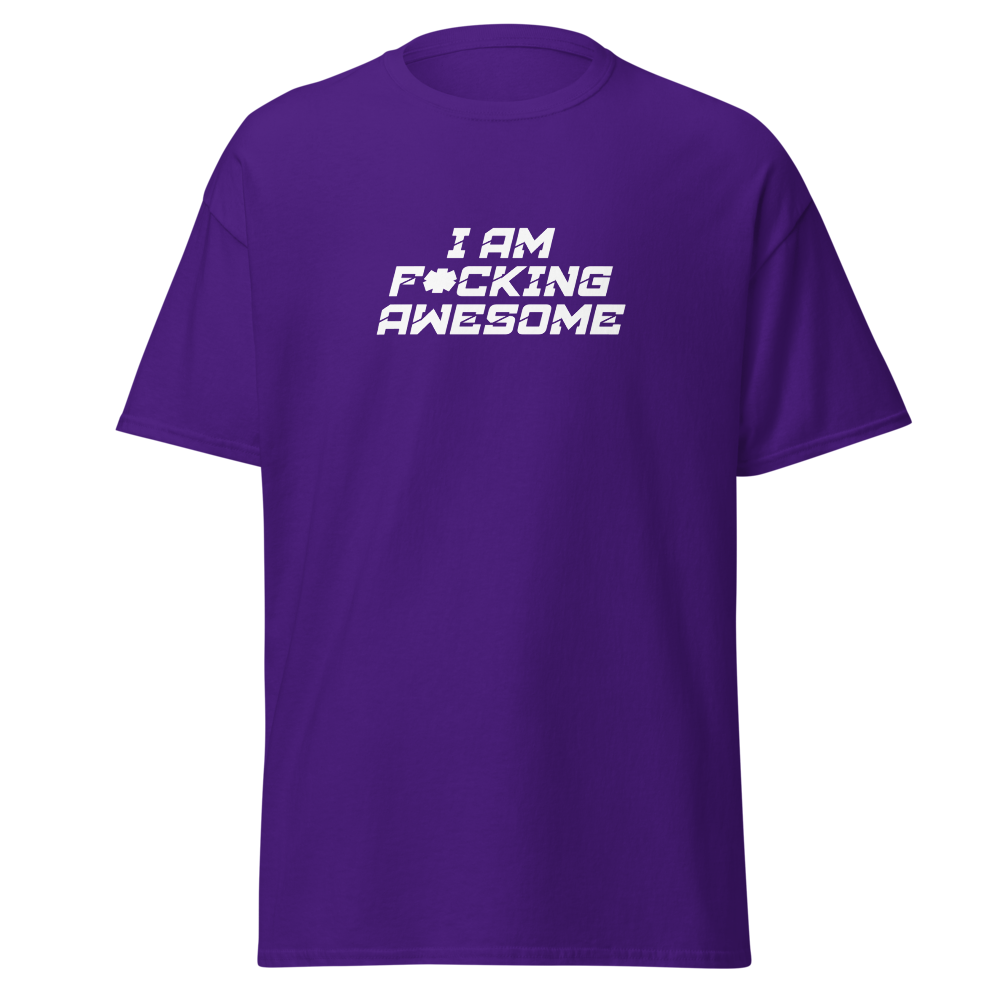 "I Am F*cking Awesome" printed on a purple on an invisible body