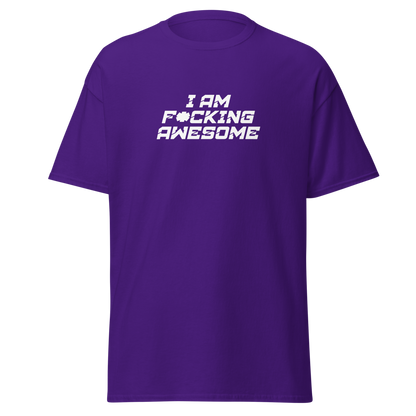 "I Am F*cking Awesome" printed on a purple on an invisible body