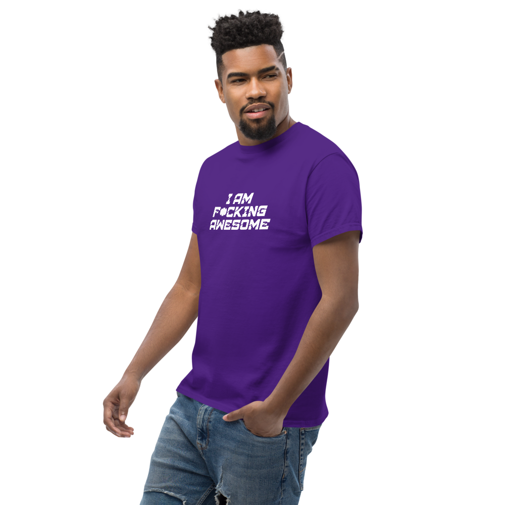 "I Am F*cking Awesome" printed on a purple unisex classic tee worn by a male