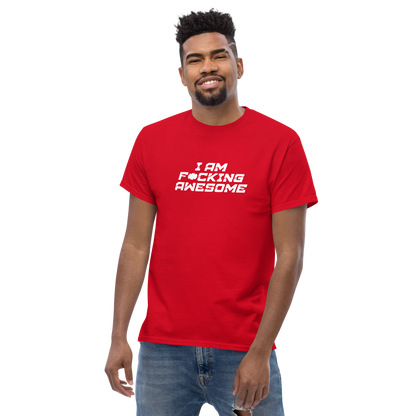 "I Am F*cking Awesome" printed on a red unisex classic tee worn by a male
