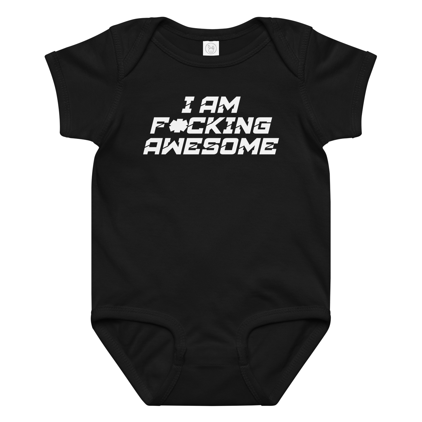"I Am F*cking Awesome" printed on a black baby jersey bodysuit laying on a flat surface amongst other clothes