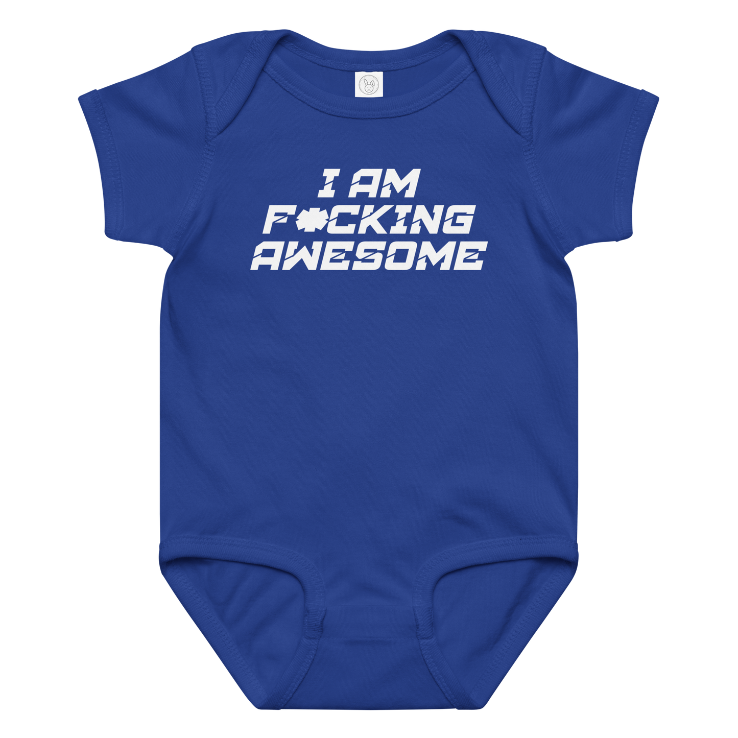 "I Am F*cking Awesome" printed on a royal baby jersey bodysuit laying on a flat surface amongst other clothes