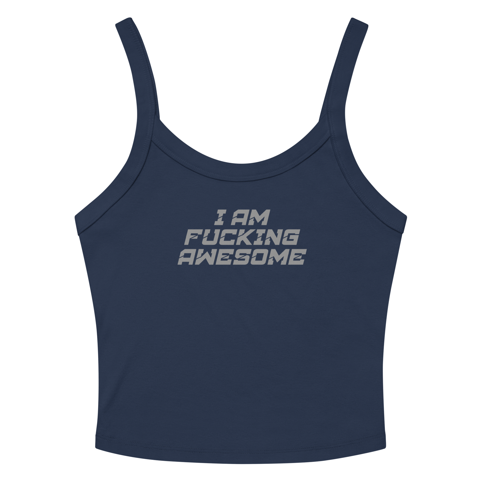 "I Am Fucking Awesome" printed on a solid navy blend women's micro-rib tanktop laying on a flat surface amongst sunglasses and shorts