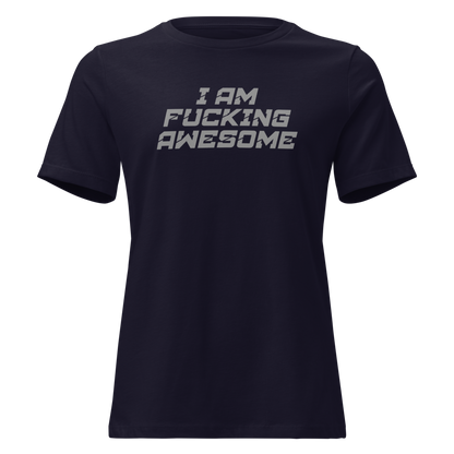 "I Am Fucking Awesome" printed on a navy on an invisible / simulated body