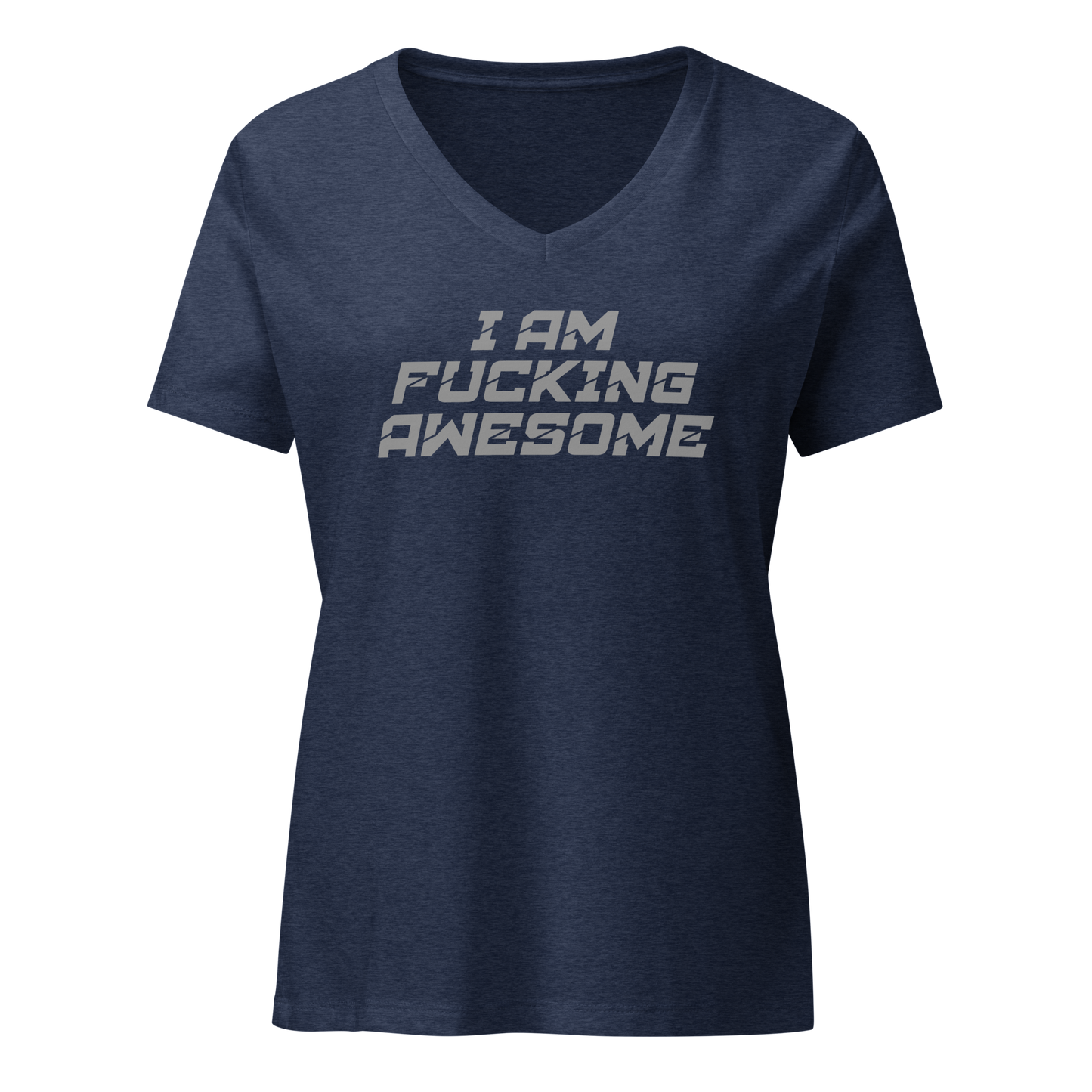 "I Am Fucking Awesome" printed on a heather navy on an invisible / simulated body