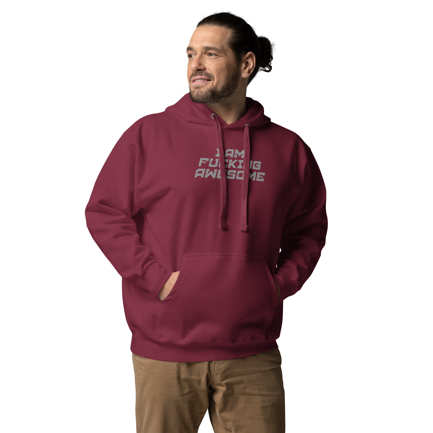 "I Am Fucking Awesome" printed on a maroon unisex hoodie worn by a male