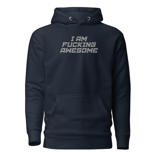 "I Am Fucking Awesome" printed on a navy blazer on an invisible / simulated body