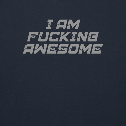 "I Am Fucking Awesome" printed on a navy blazer background