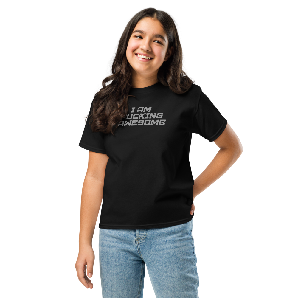 "I Am Fucking Awesome" printed on a black youth classic tee worn by a female