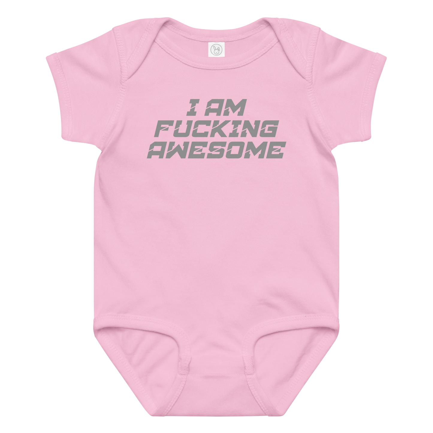"I Am Fucking Awesome" printed on a pink baby jersey bodysuit laying on a flat surface amongst other clothes