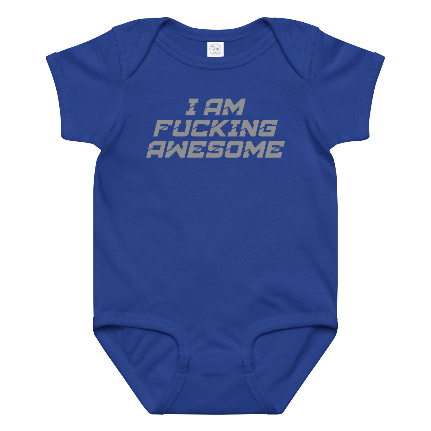 "I Am Fucking Awesome" printed on a royal baby jersey bodysuit laying on a flat surface amongst other clothes