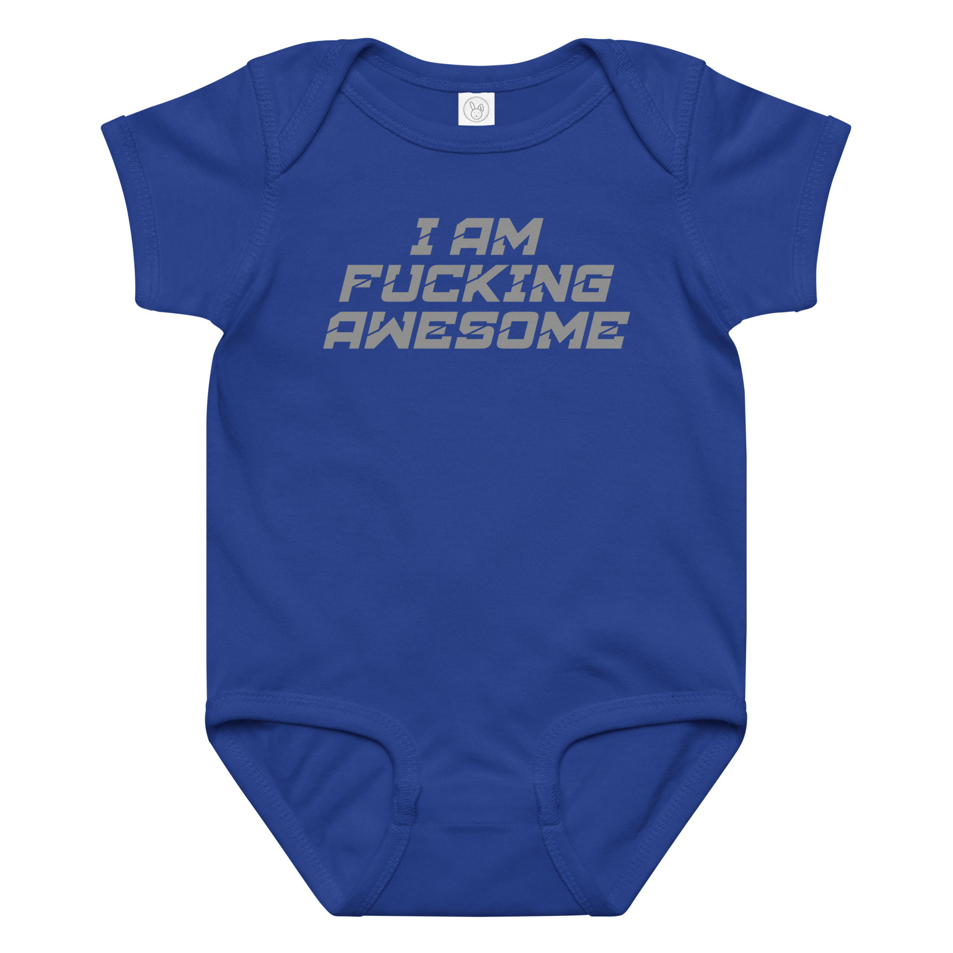 "I Am Fucking Awesome" printed on a royal baby jersey bodysuit laying on a flat surface amongst other clothes