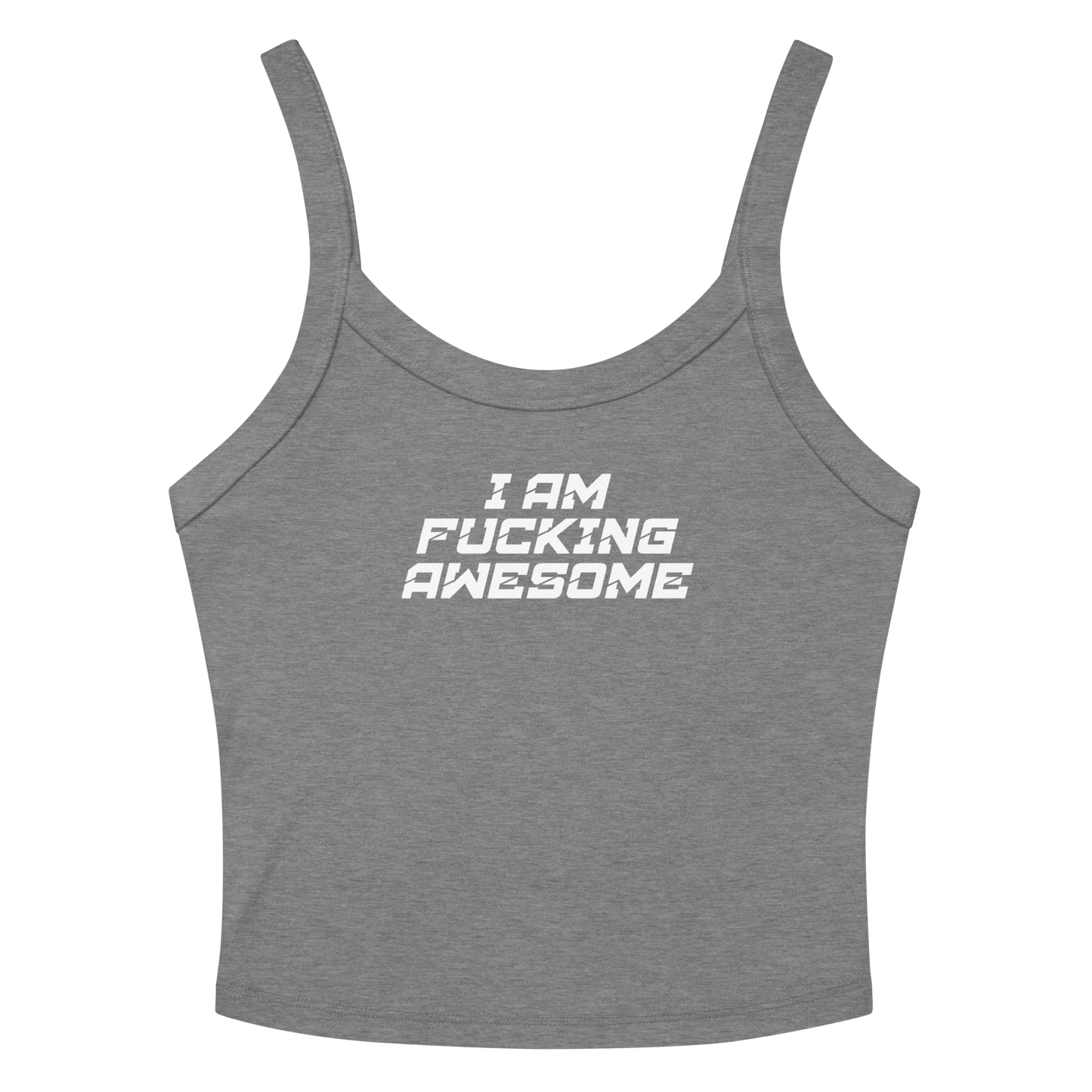 "I Am Fucking Awesome" printed on a athletic heather women's micro-rib tanktop laying on a flat surface amongst sunglasses and shorts