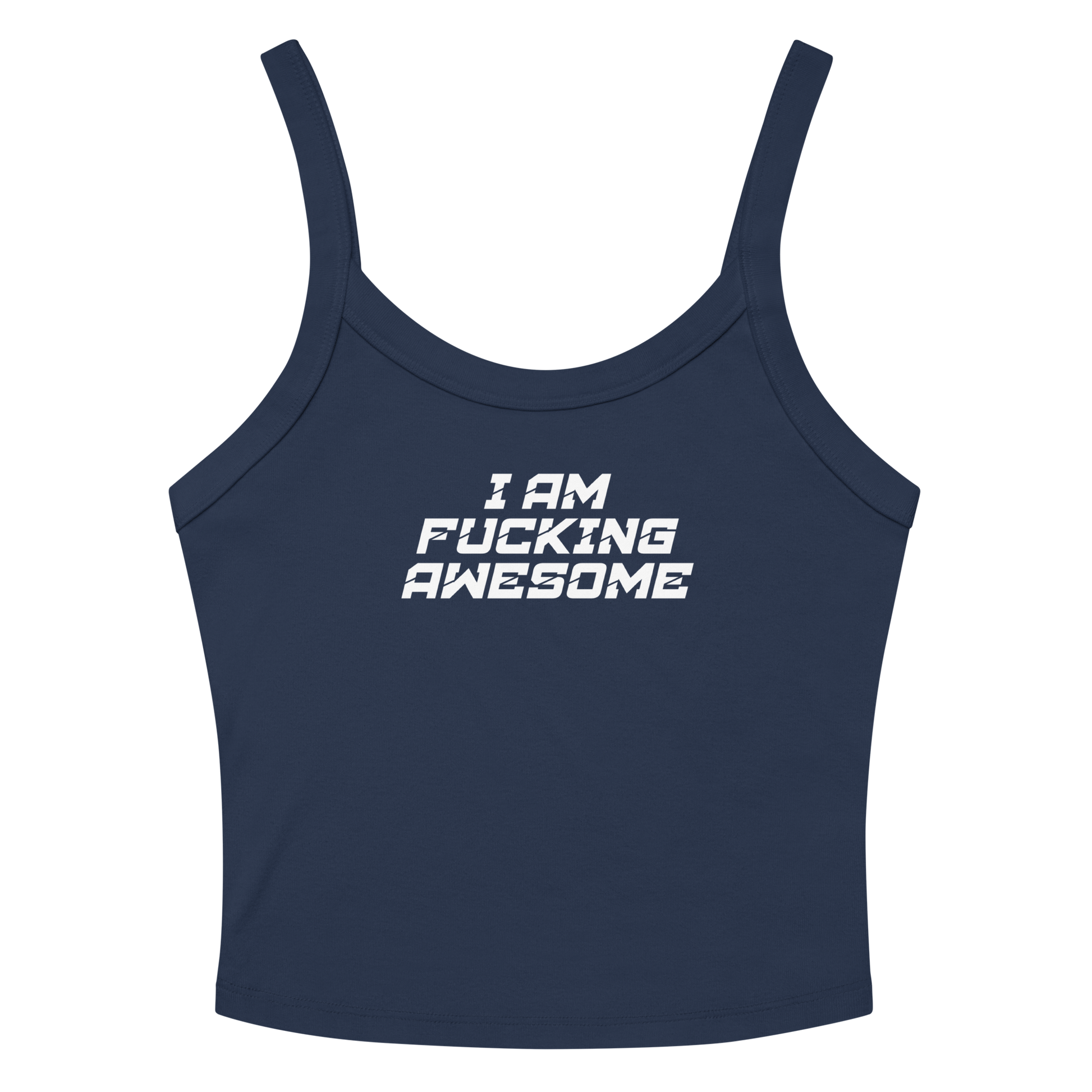 "I Am Fucking Awesome" printed on a solid navy blend women's micro-rib tanktop laying on a flat surface amongst sunglasses and shorts
