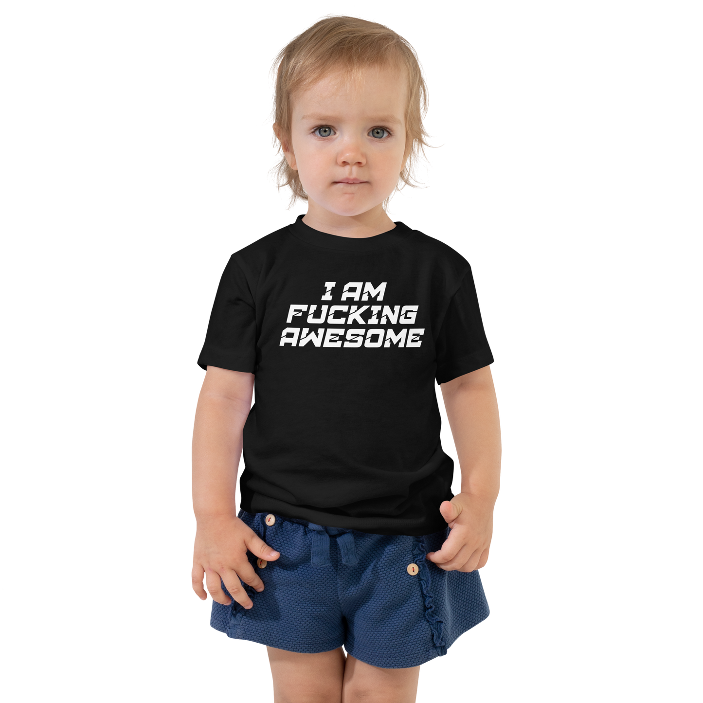 "I Am Fucking Awesome" printed on a black toddler short sleeve tee worn by a female