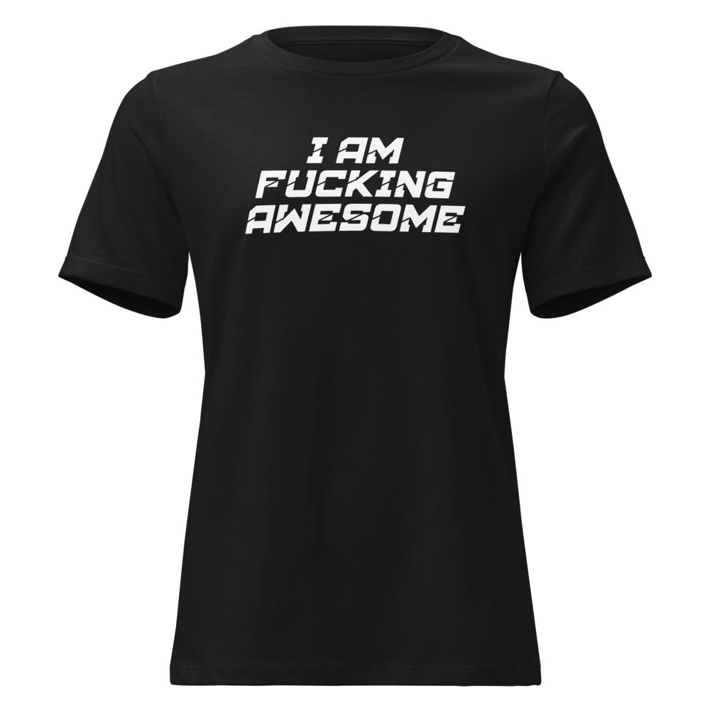 "I Am Fucking Awesome" printed on a black on an invisible / simulated body