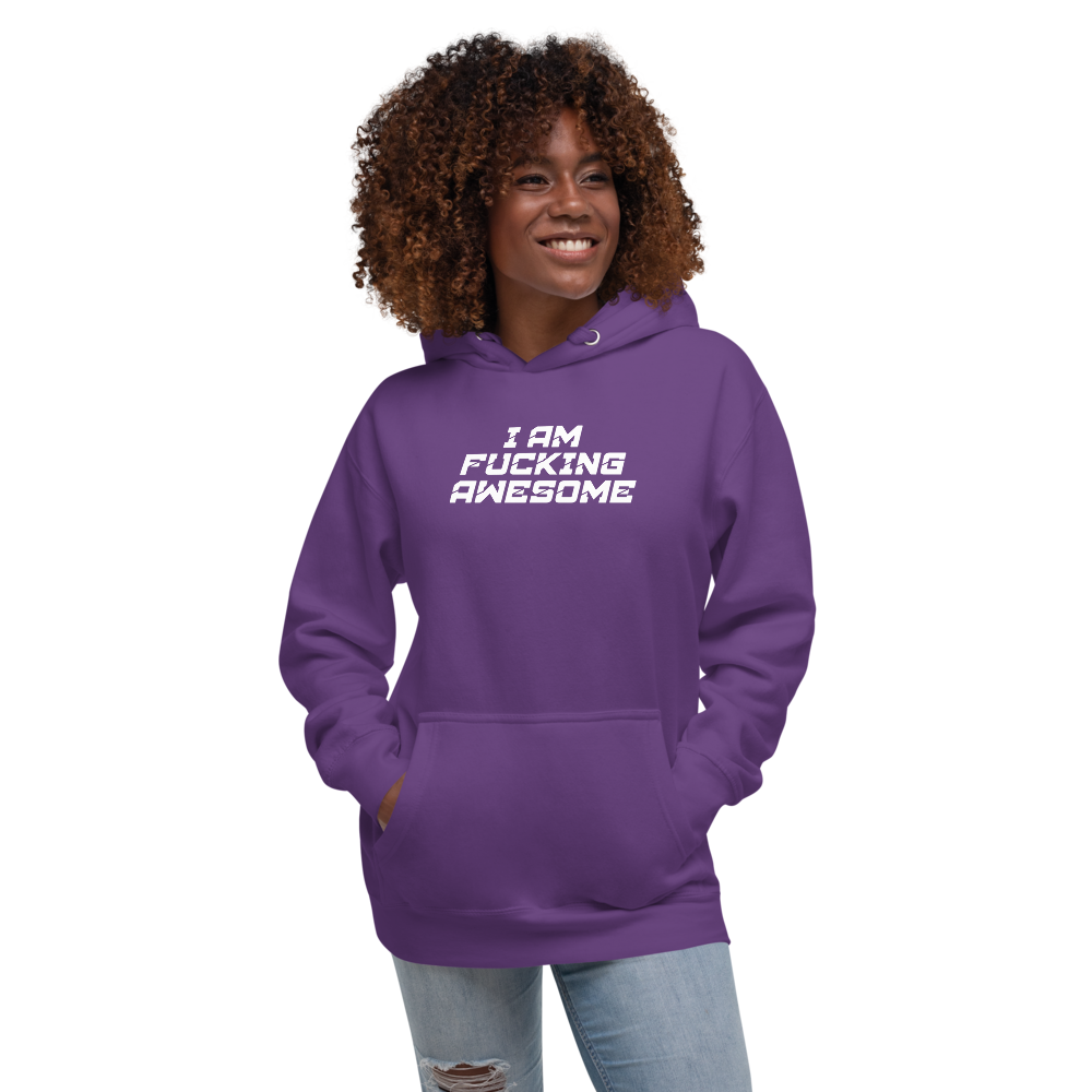 "I Am Fucking Awesome" printed on a purple unisex hoodie worn by a female