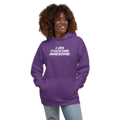 "I Am Fucking Awesome" printed on a purple unisex hoodie worn by a female