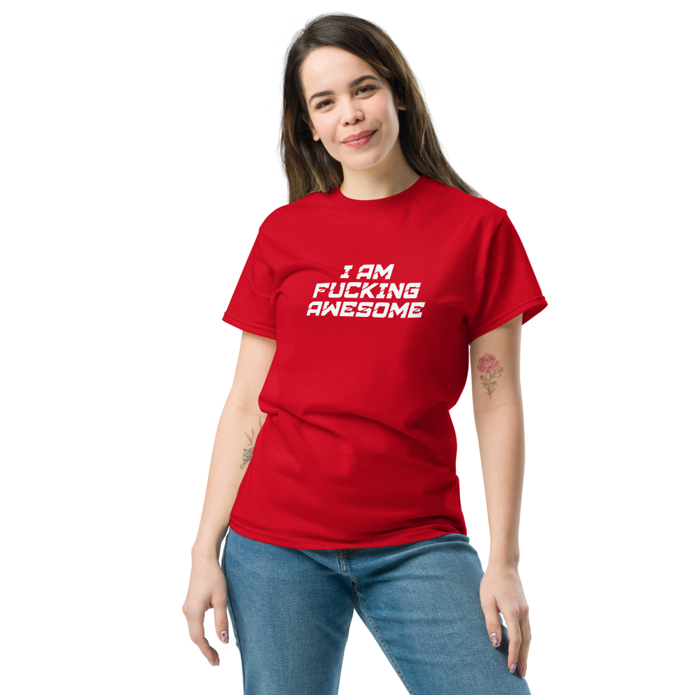 "I Am Fucking Awesome" printed on a red unisex classic tee worn by a female