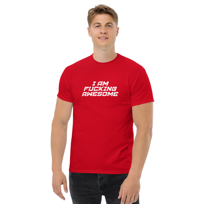 "I Am Fucking Awesome" printed on a red unisex classic tee worn by a male