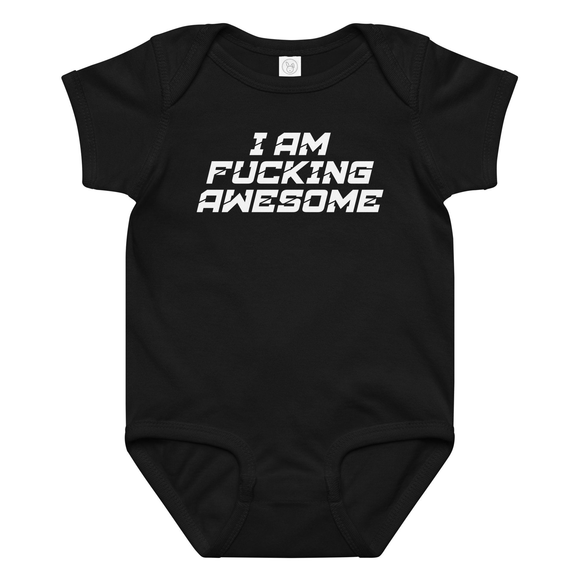 "I Am Fucking Awesome" printed on a black baby jersey bodysuit laying on a flat surface amongst other clothes