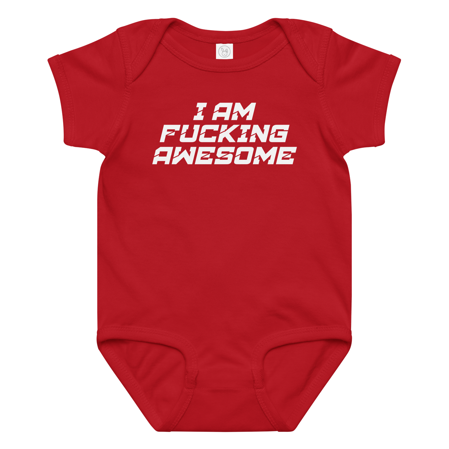 "I Am Fucking Awesome" printed on a red baby jersey bodysuit laying on a flat surface amongst other clothes