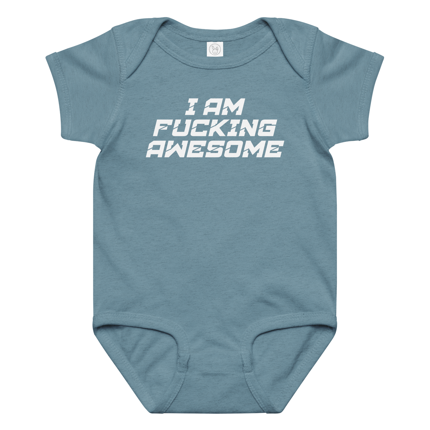"I Am Fucking Awesome" printed on a vintage indigo baby jersey bodysuit laying on a flat surface amongst other clothes