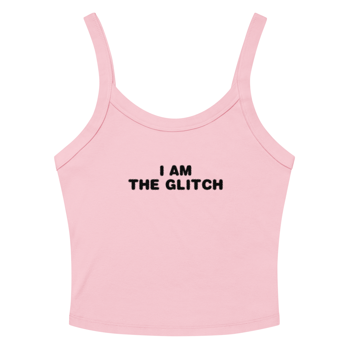 "I am the glitch" printed on a solid pink blend women's micro-rib tanktop laying on a flat surface amongst sunglasses and shorts
