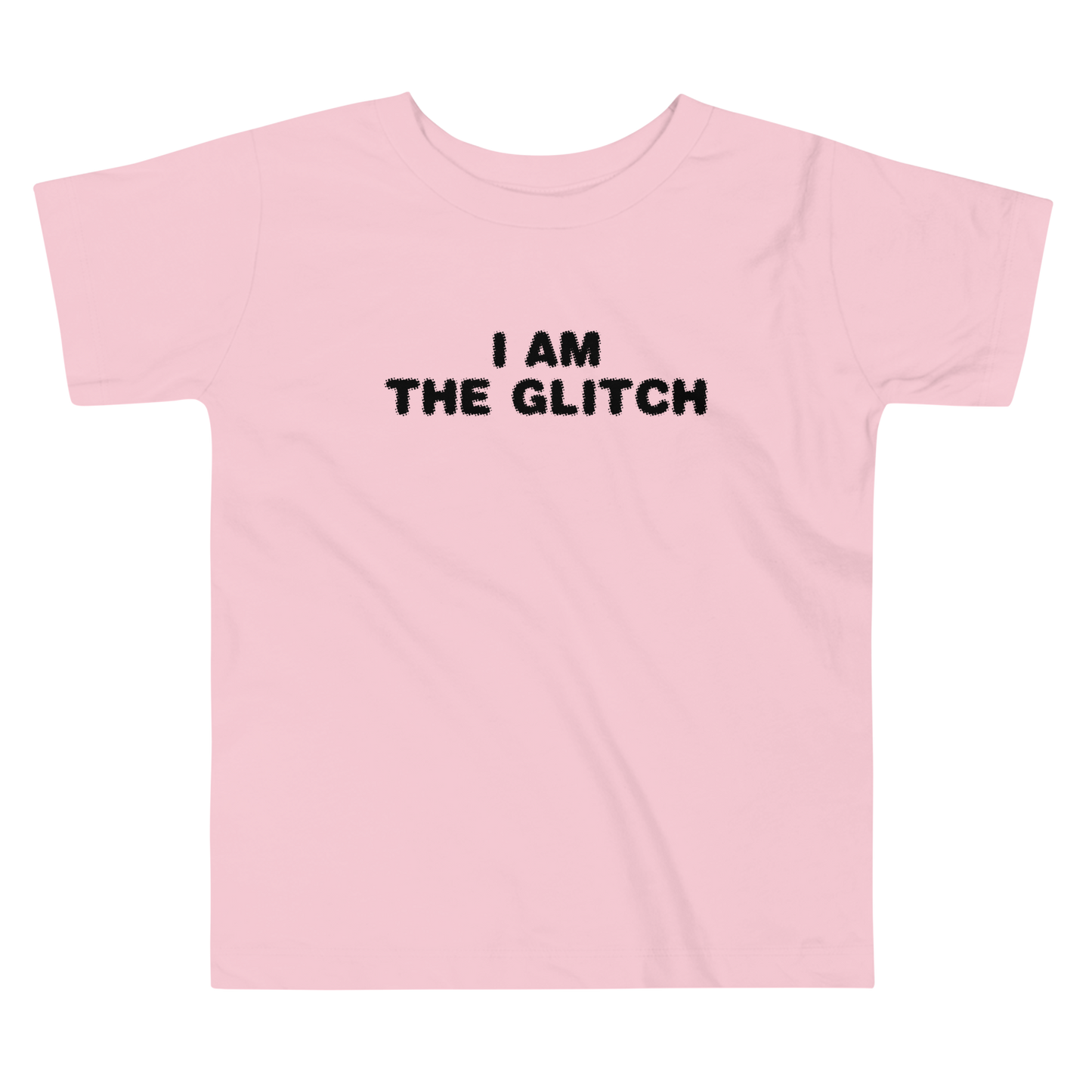 "I am the glitch" printed on a pink toddler short sleeve tee laying on a flat surface