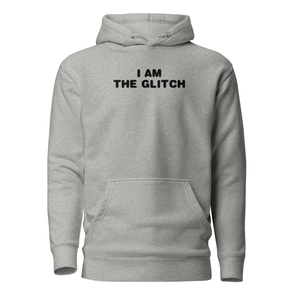 "I am the glitch" printed on a carbon grey on an invisible / simulated body