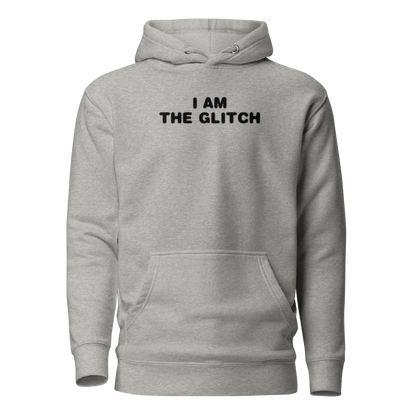 "I am the glitch" printed on a carbon grey on an invisible / simulated body